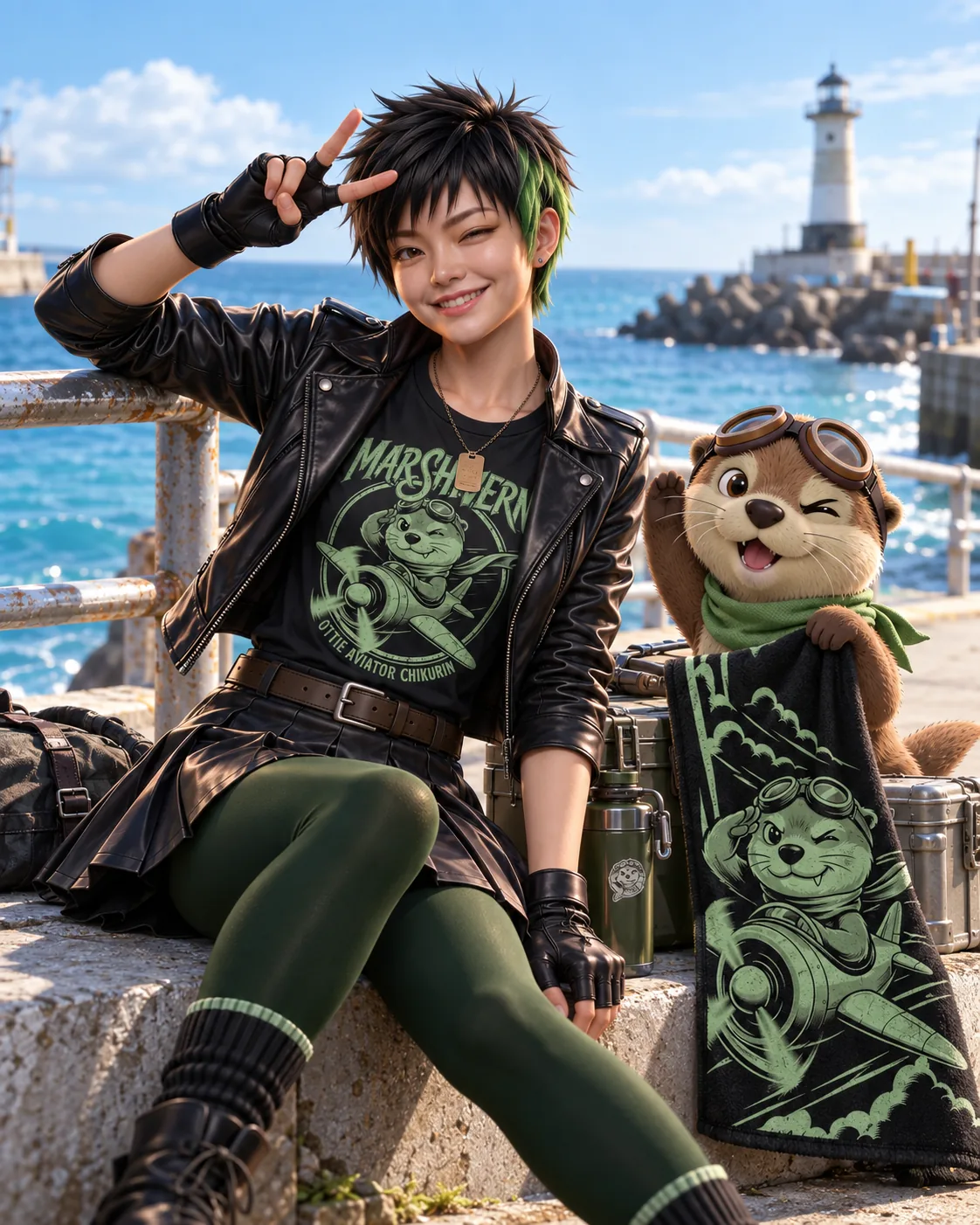 港で、OTTIE AVIATOR CHIKURIN のTシャツを着たLIMEと、フェイスタオルを持ったCHIKURIN