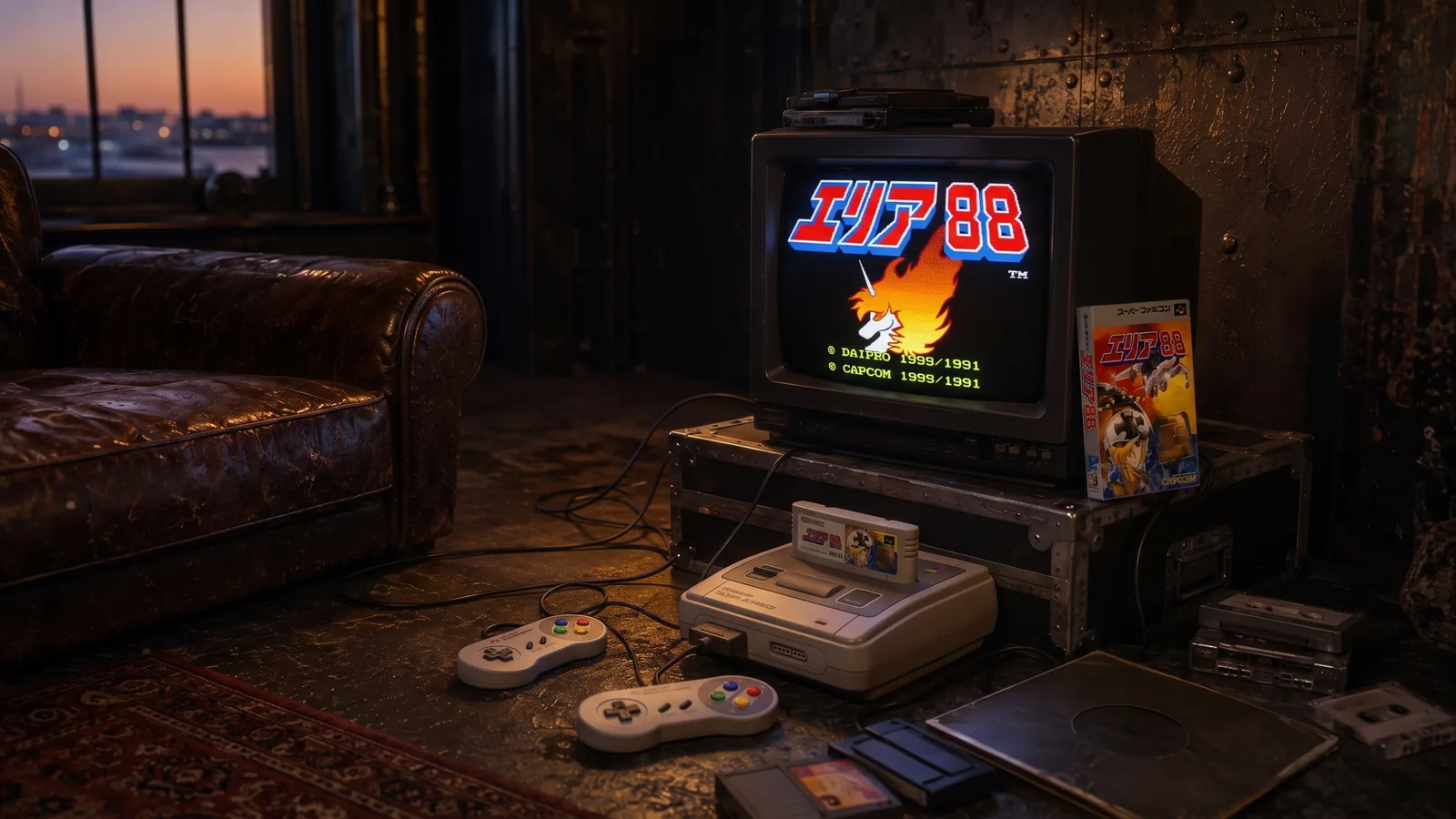薄暗い部屋に置かれたスーパーファミコン