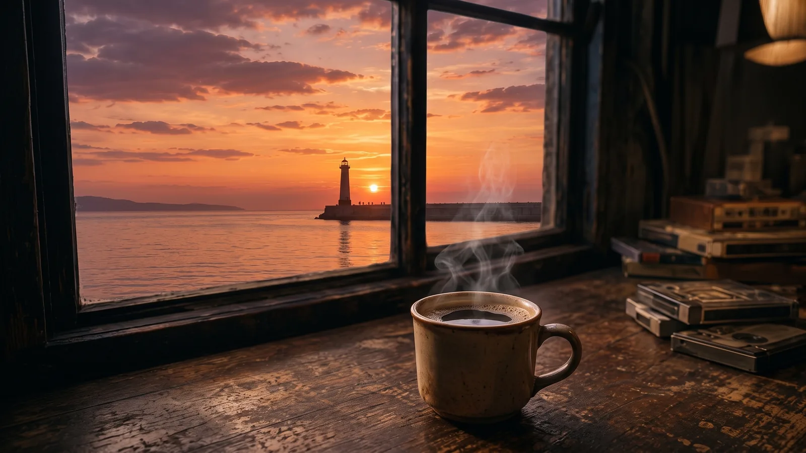 WINDOW AT DUSK: 窓辺に残る湯気と、静かな夕景。