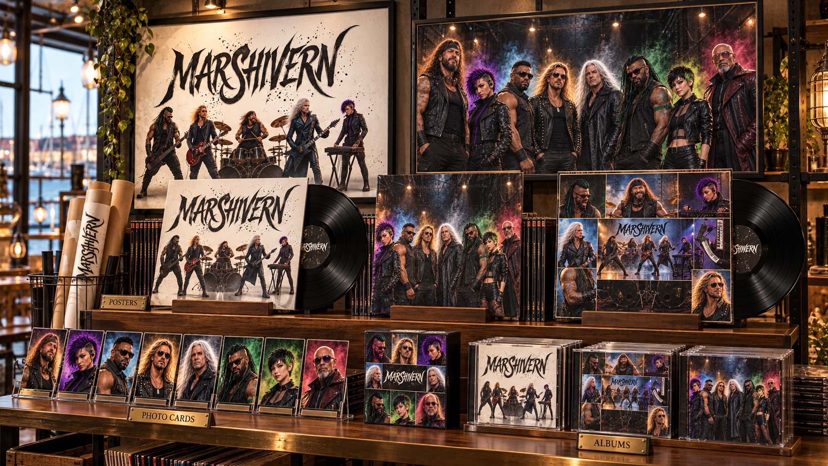 MARSHIVERNのポスター、フォトカード、レコード、CDが並ぶ商品棚